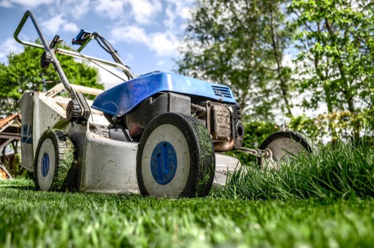 A blue lawnmower moving green grass