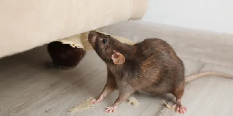 Rat near Damaged Furniture Indoors. Pest Control