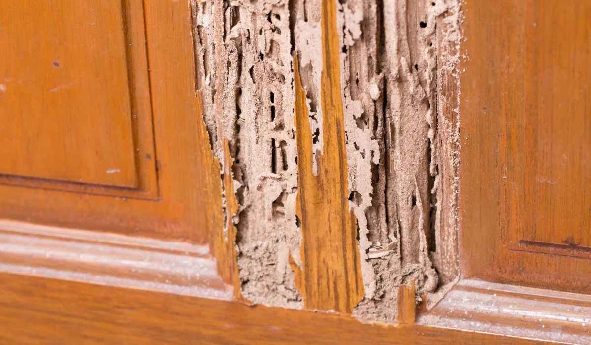 The wood door with termites damage