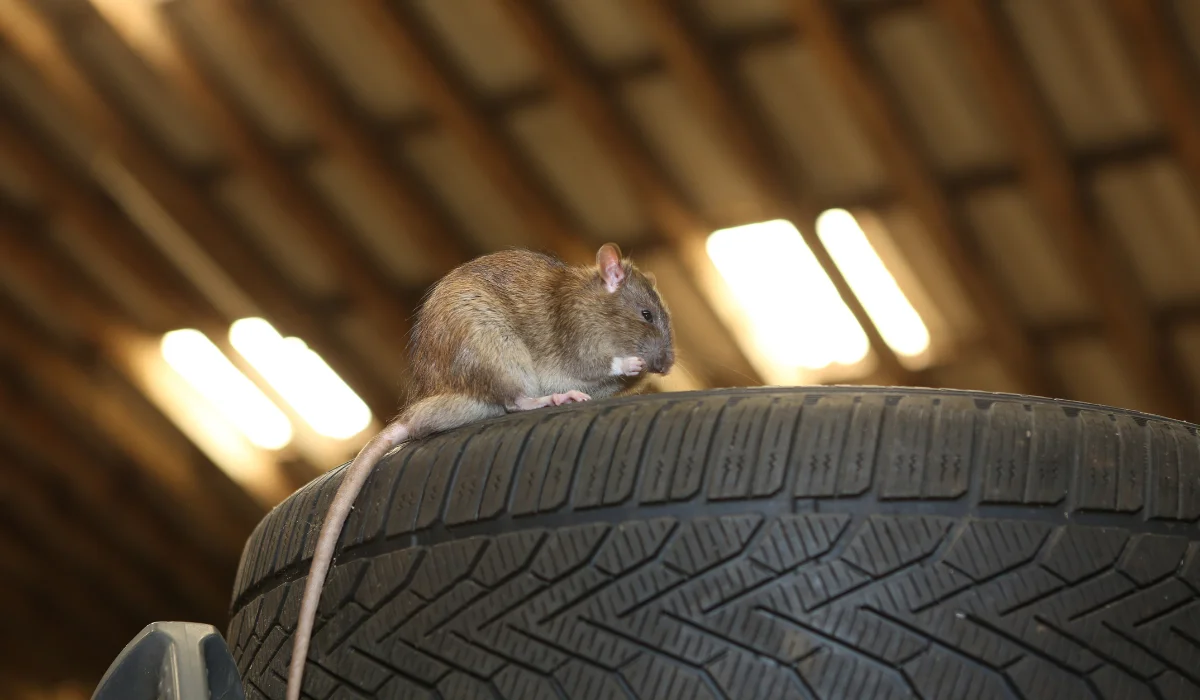 rat in the garage at car tires
