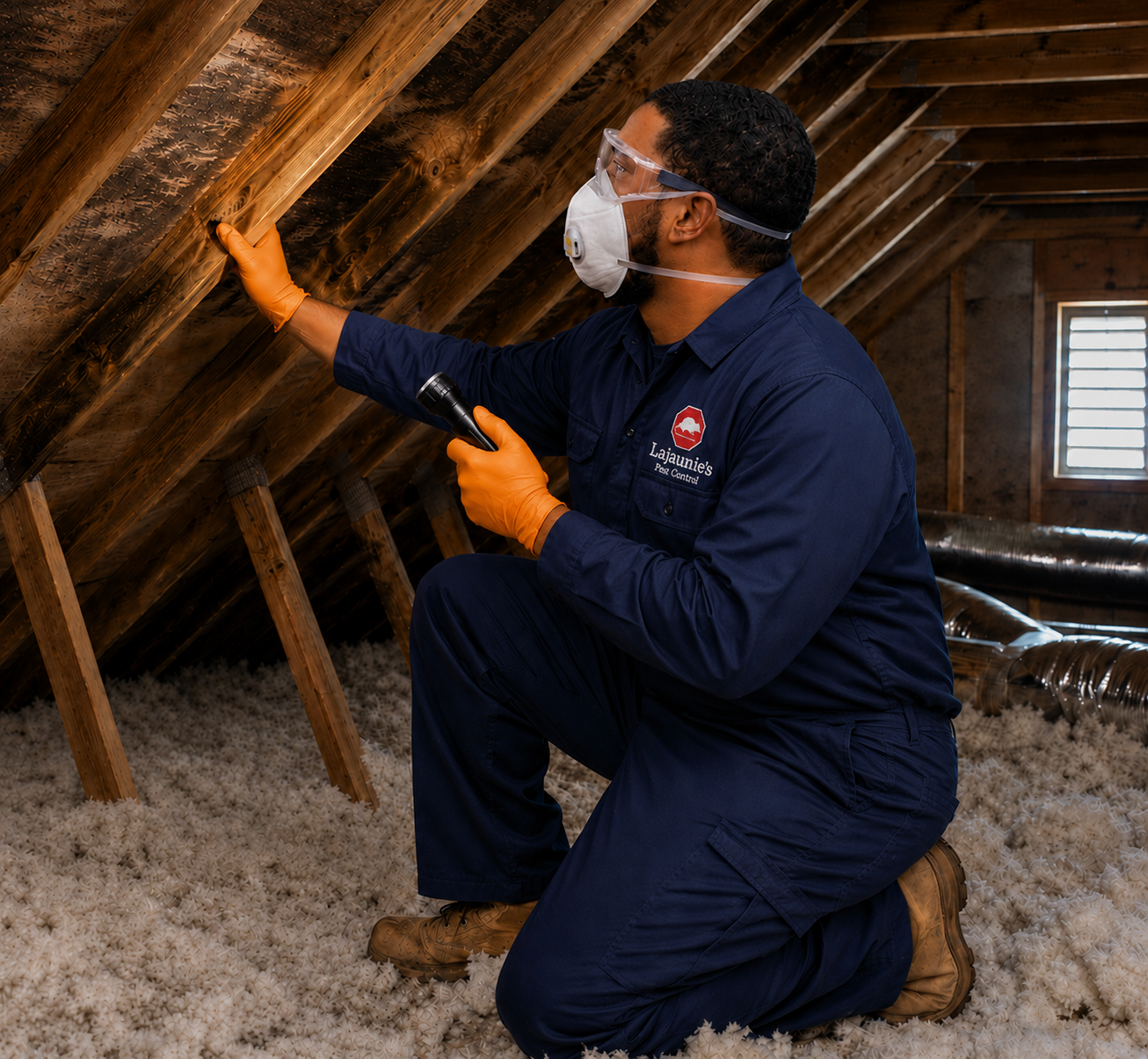 Man in protective gear inspects an attic with a flashlight, touching the wooden beams and wearing a mask and gloves.