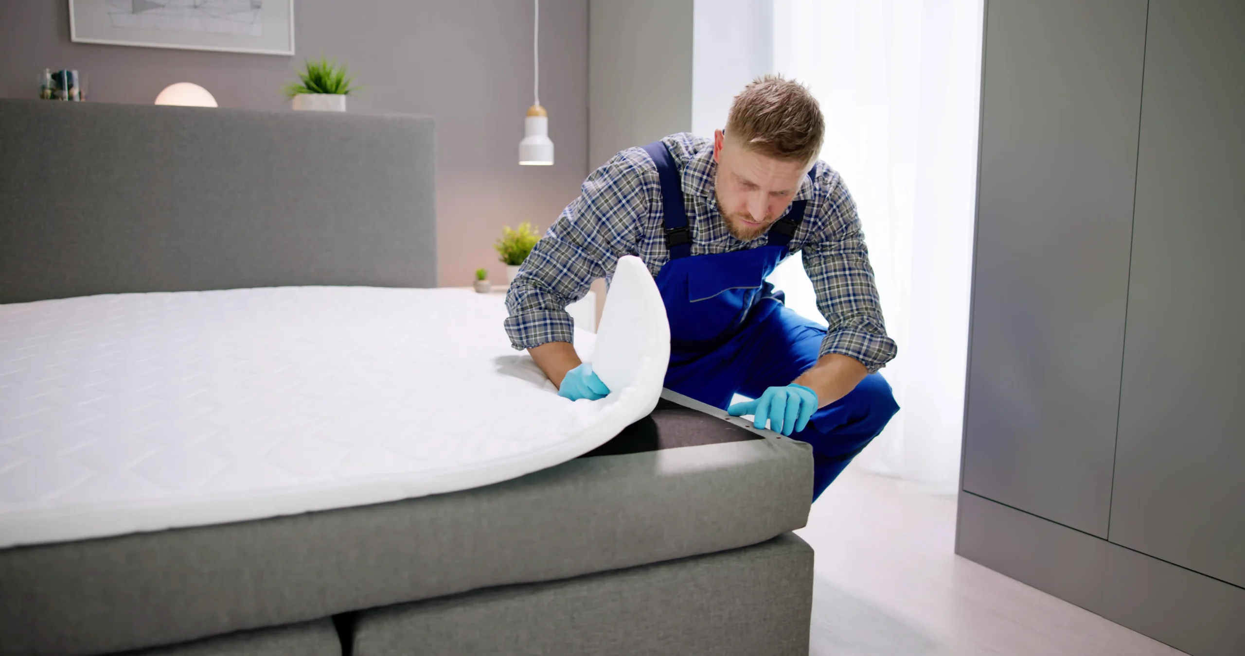 Technician in blue overalls and gloves lifting a mattress cover to inspect bed seams in a bedroom