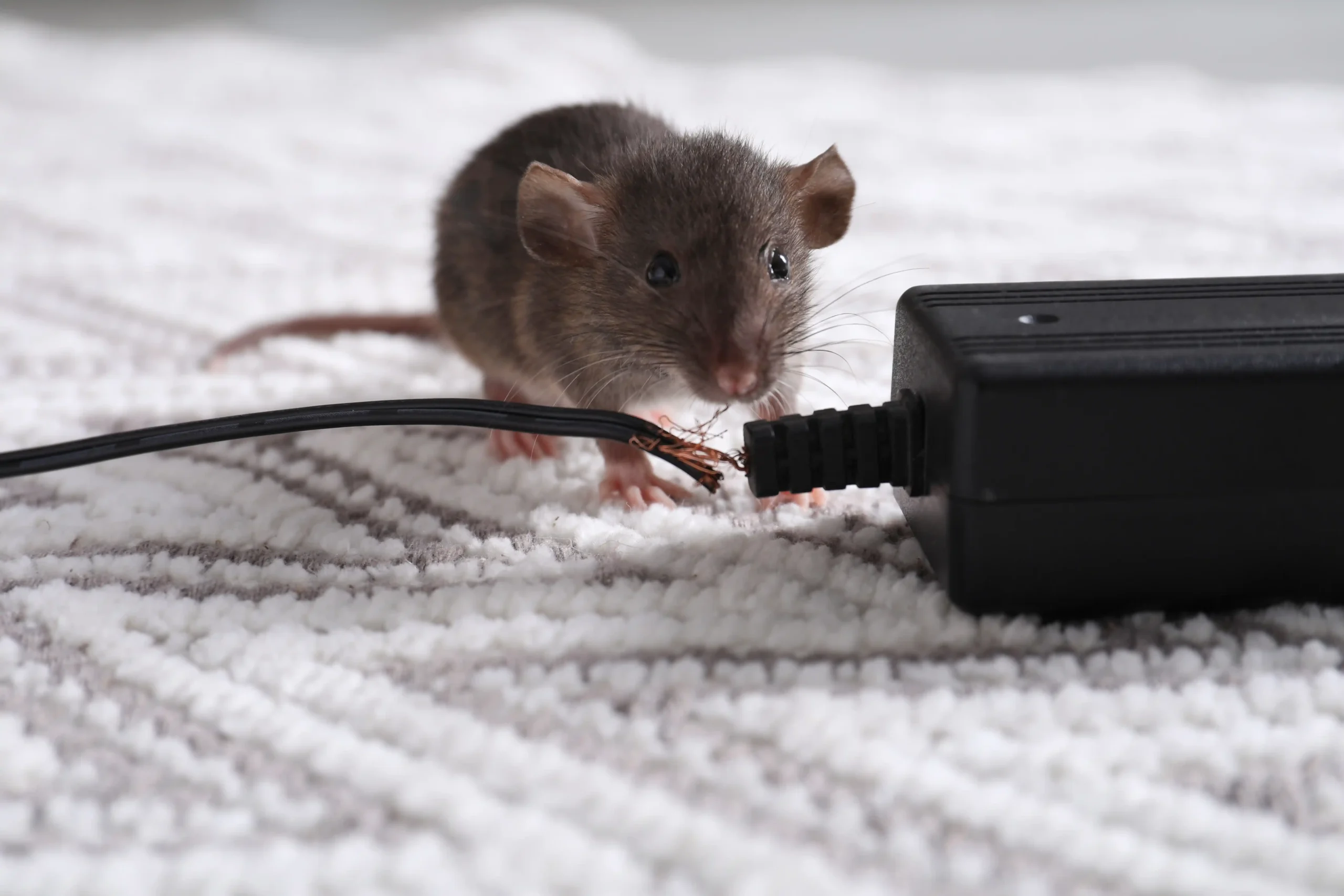 Rat chewing on an exposed black electrical cable next to a power adapter