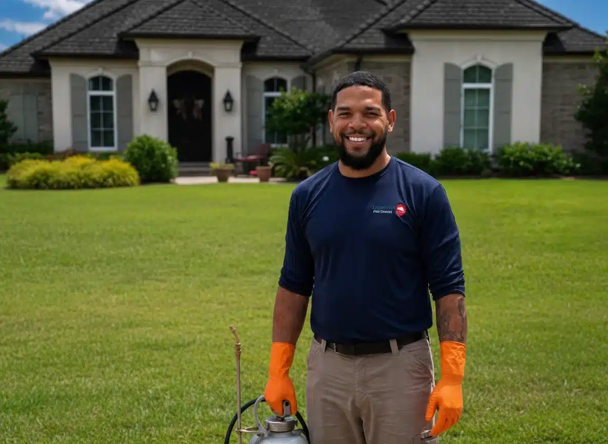 Smiling pest control worker in gloves stands on a green lawn in front of a house, holding equipment.