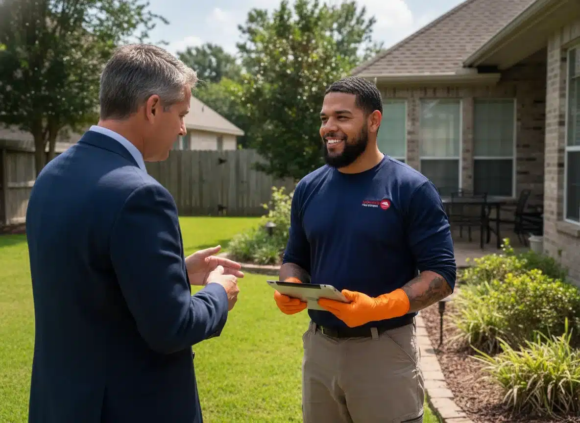 A man in a suit talks to a smiling worker with gloves holding a tablet in a backyard.