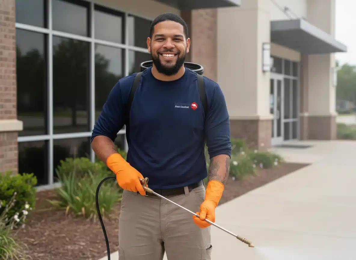 A smiling man in gloves sprays outside a building, likely performing pest control or cleaning services.