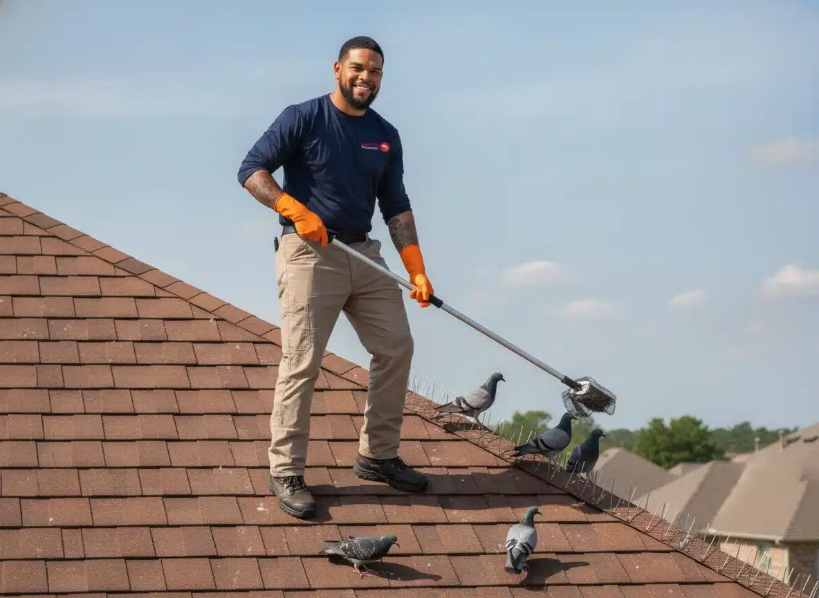 Man in gloves stands on a roof using a tool to gently remove pigeons from roof spikes under a clear sky.