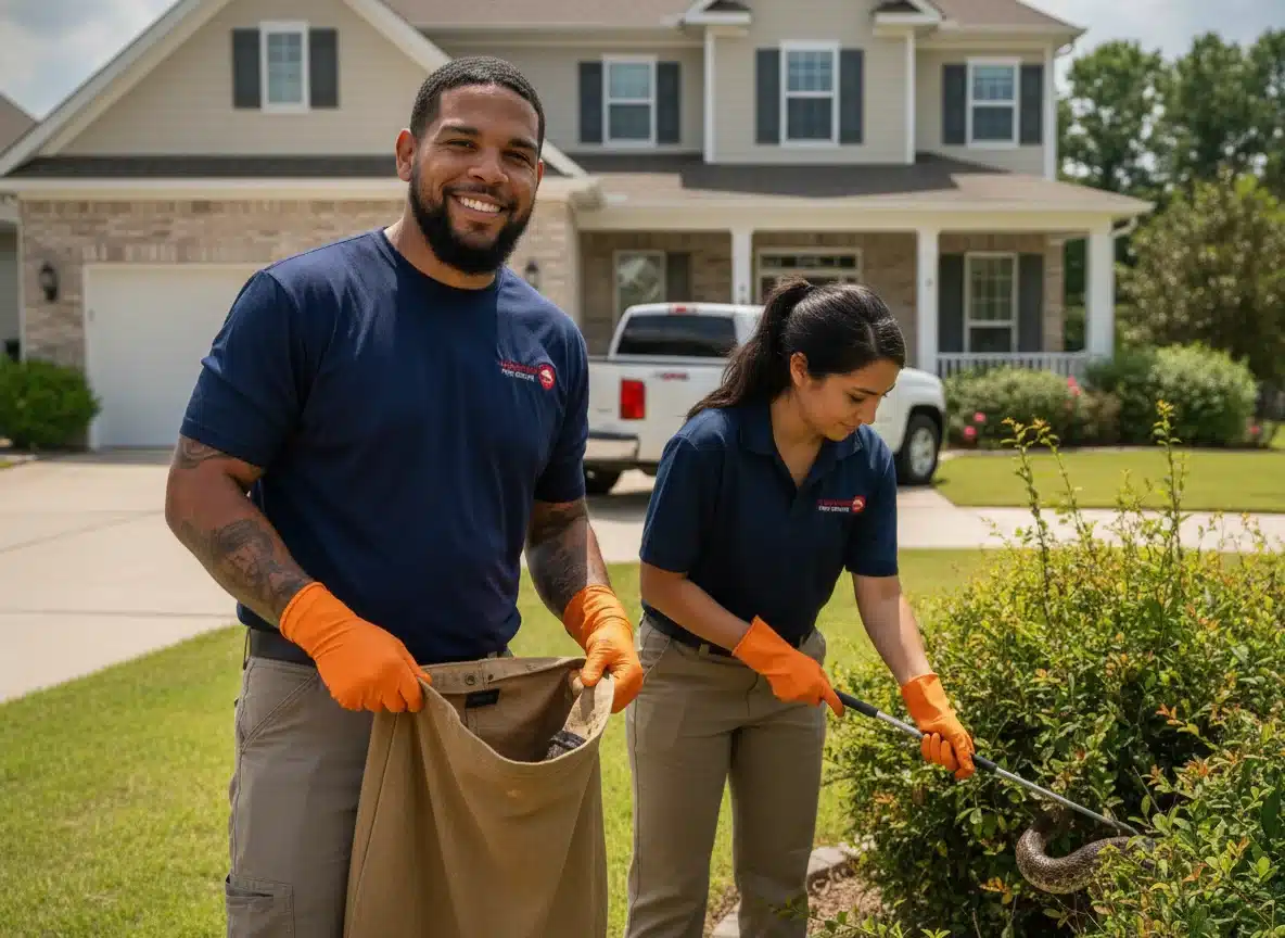Two workers in blue shirts and orange gloves trim bushes and collect yard waste in front of a suburban house.