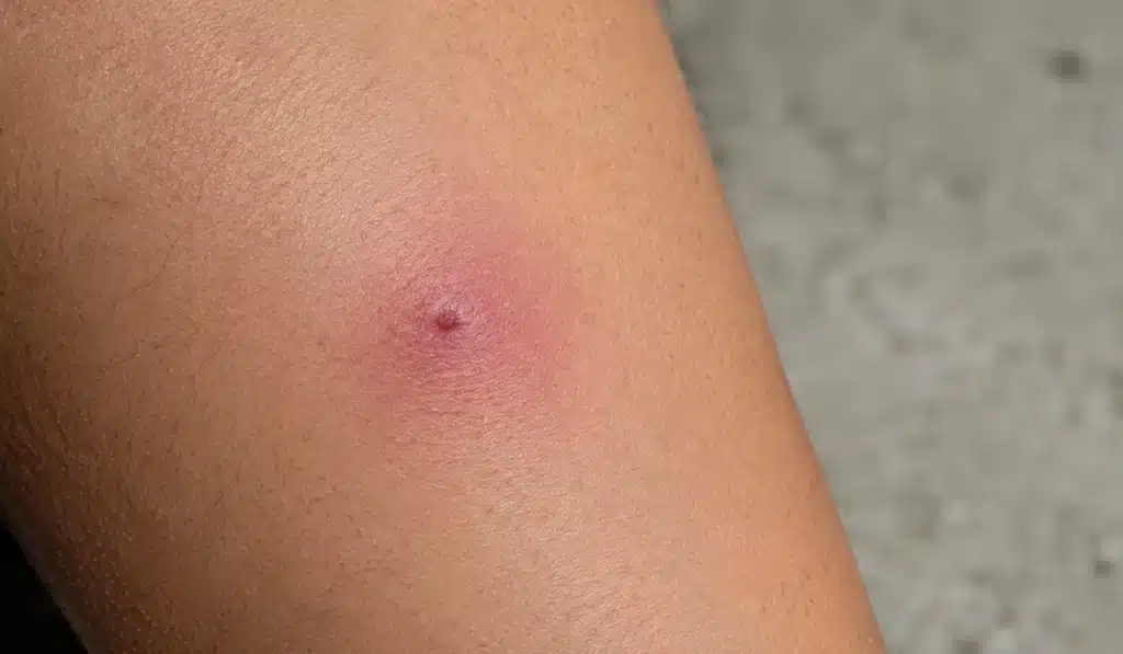 A close-up of a red, swollen bump on skin, possibly an insect bite or pimple, with a gray background.