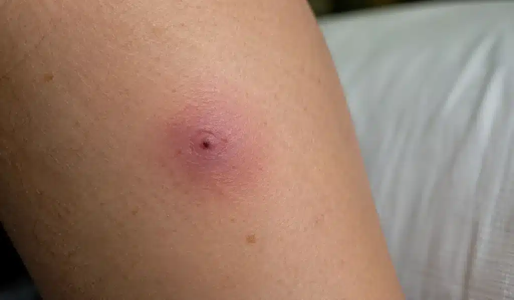 Red, swollen skin with a raised bump and a small dark center, possibly an insect bite or pimple.