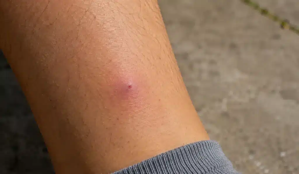 Close-up of a persons leg with a small, red bump resembling a pimple or insect bite near the ankle.